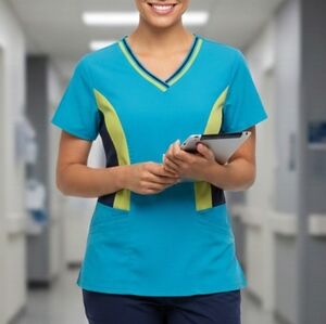 HEALTH PRO SCRUB TOP 4-Way Stretch Short Sleeve Top Blues & Lime Grn Women XS